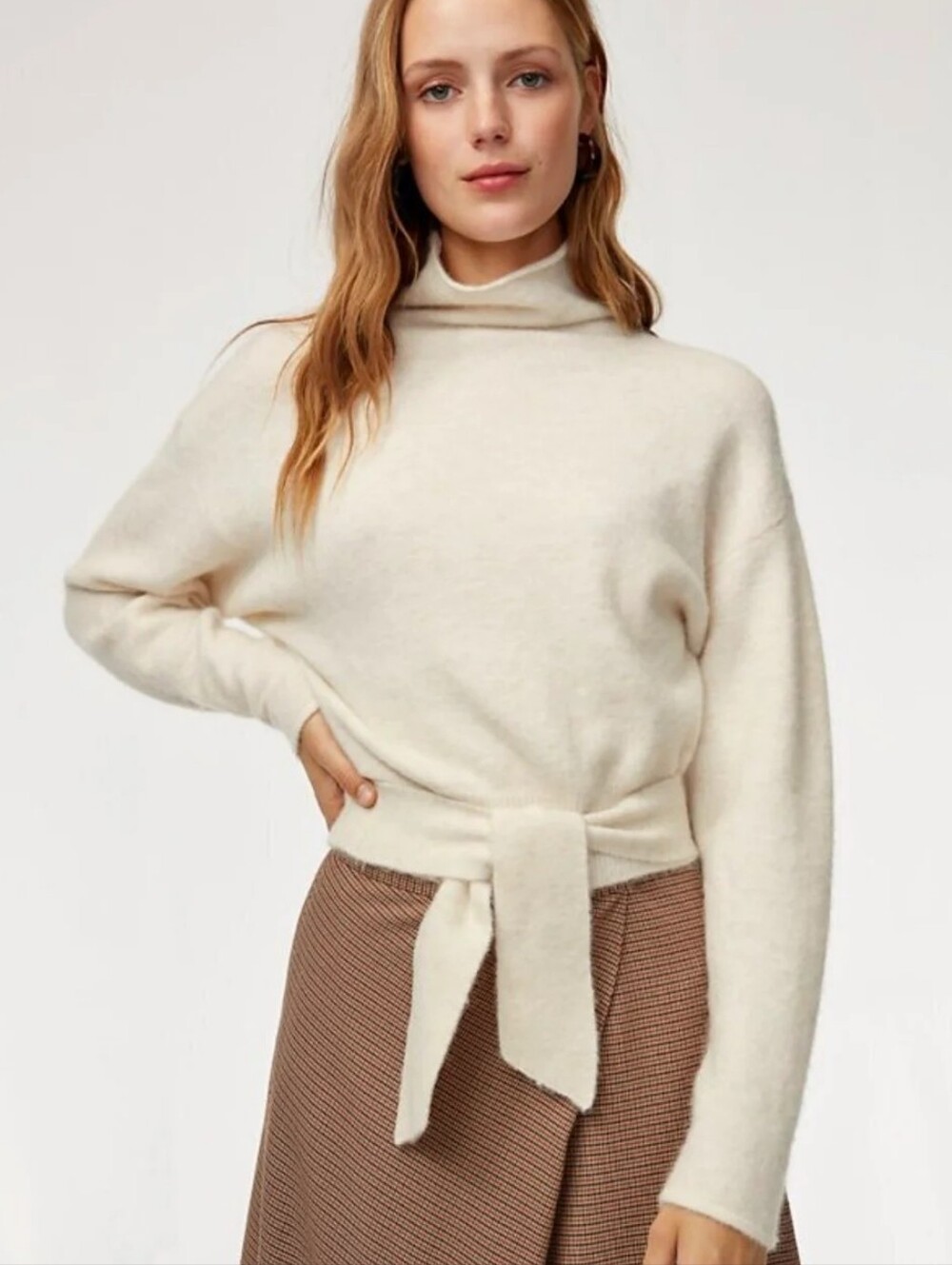 Wilfred Cream Tie-Front Mock Neck Sweater Size Medium Alpaca Wool Blend